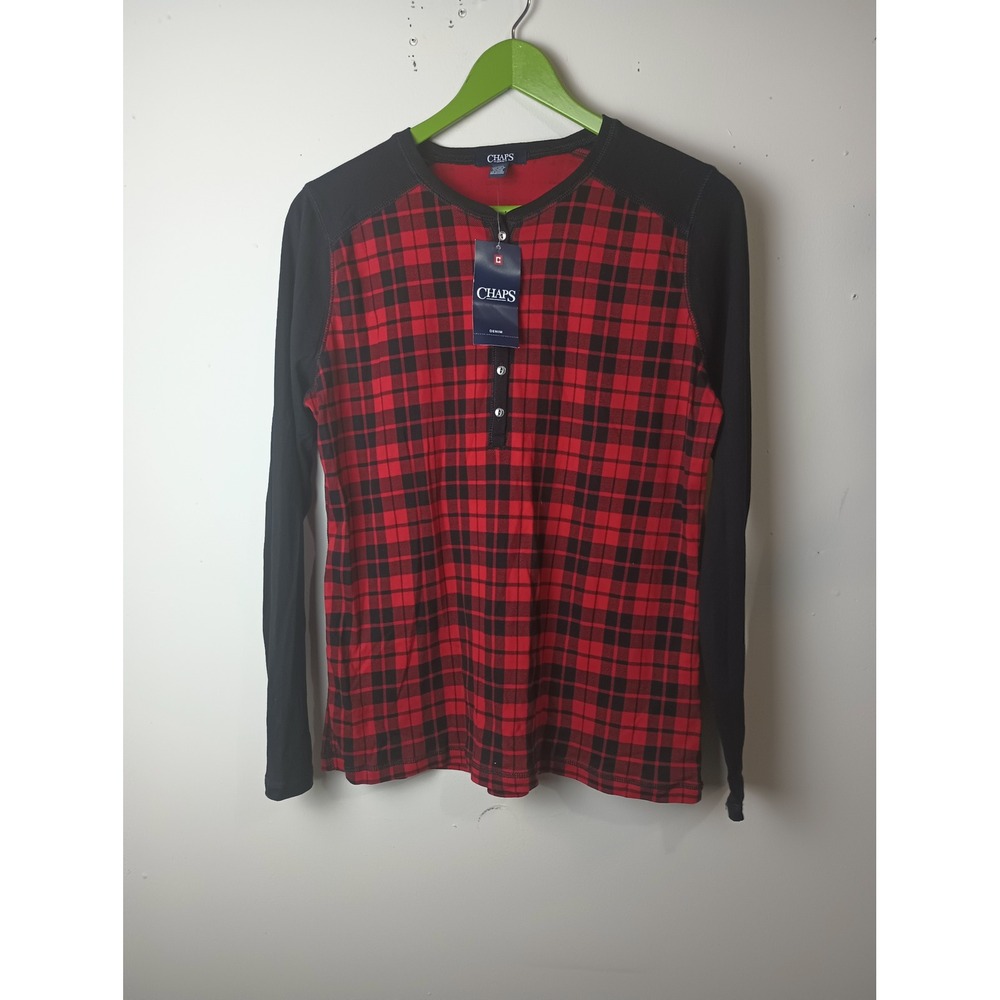 Chaps Denim Womens Red Black Plaid Long Sleeve Henley Top Size L NWT
